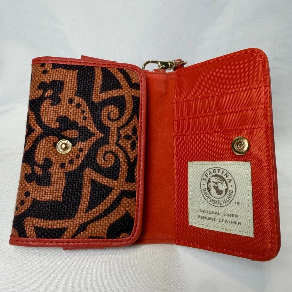 Spartina 449 Wristlet Wallet Womens Small Red Orange Linen Leather Mandala Boho